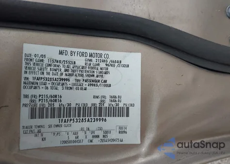 2005 Ford Taurus Se from USA, damaged, VIN 1FAFP53285A239996